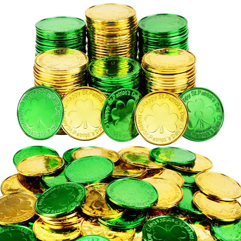 Qumenan 168 PCS St Patricks Day Coins Plastic Gold and Green St Patrick's Day Coins Decorations Party Lucky Patrick Shamrock Leprechaun Clover Favors for Irish Supplies - Image 1